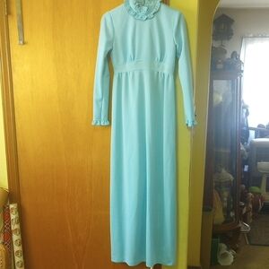 Vintage Size 9 Full Length Blue Dress w/ High Collar, Long Sleeves & Ruffle
